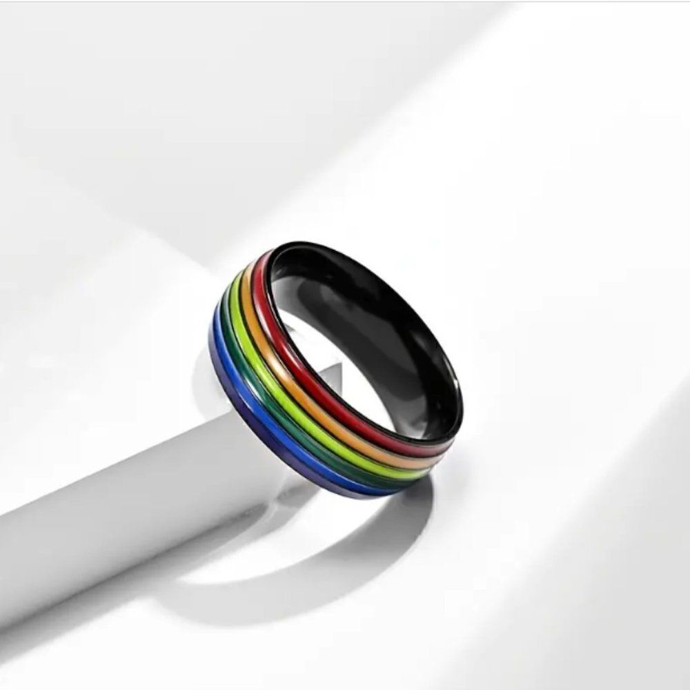 Unisex Rainbow Pride Ring BlackTone 7 8 9 10